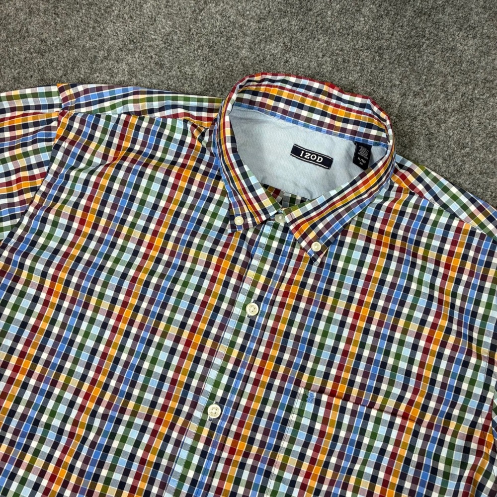 IZOD Mens Size XL Short Sleeve Button Down Shirt Gingham Plaid Multi Color